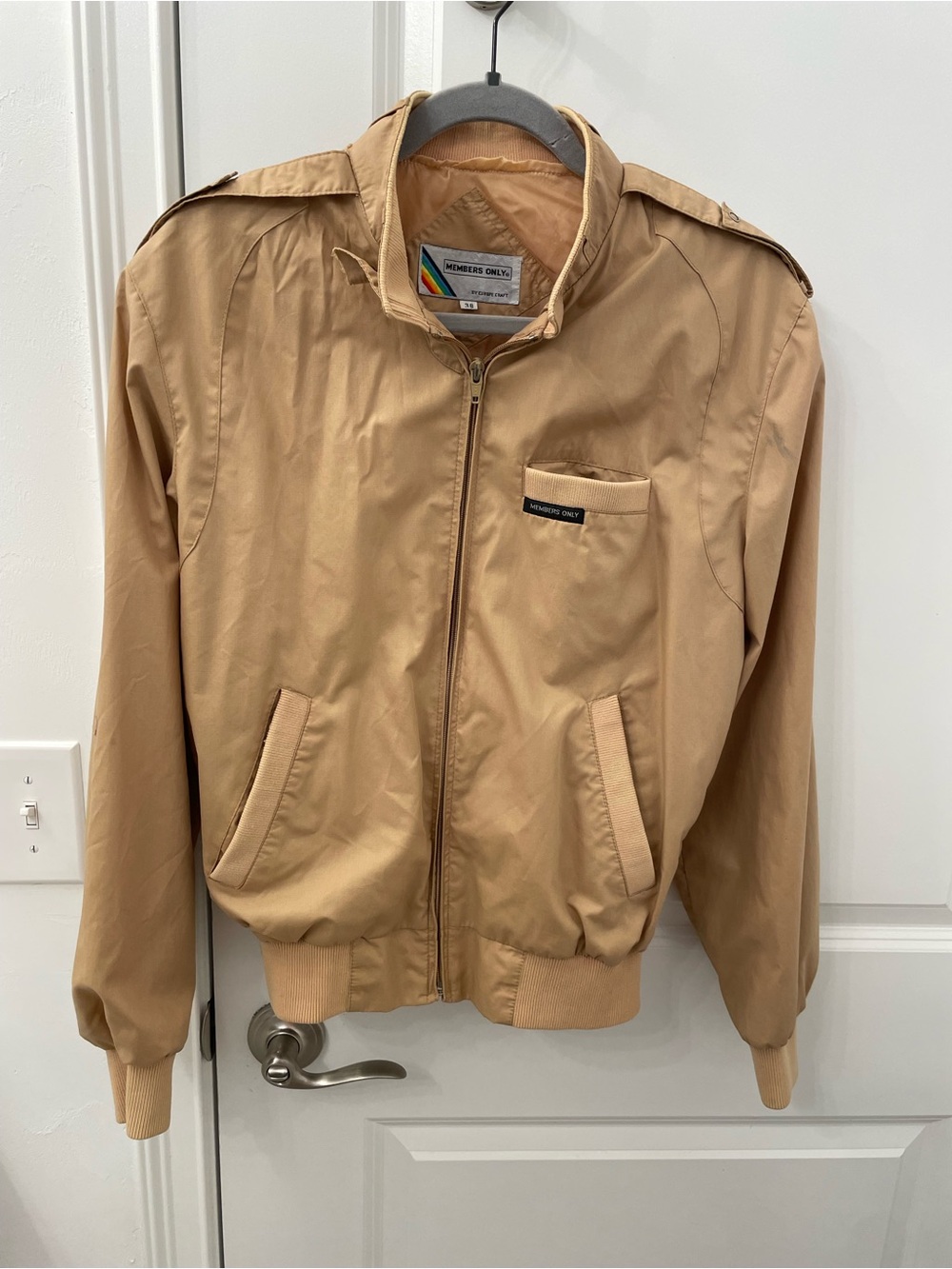 Vintage 80s Members Only Tan Racer Jacket Size 38, Rainbow Tag